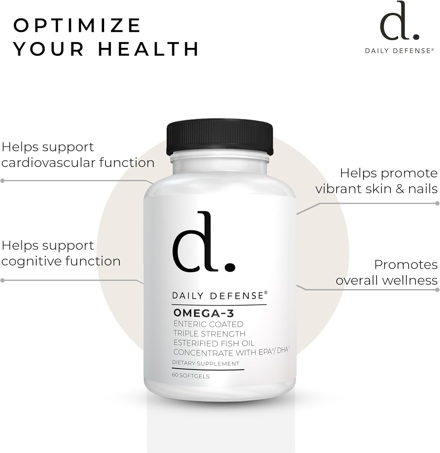 Omega 3 Fish Oil Supplement for Daily Defense - 1000mg DHA EPA for Skin, Nails, Cognitive, & Heart Support - 60 Enteric Coated Softgels USA Made