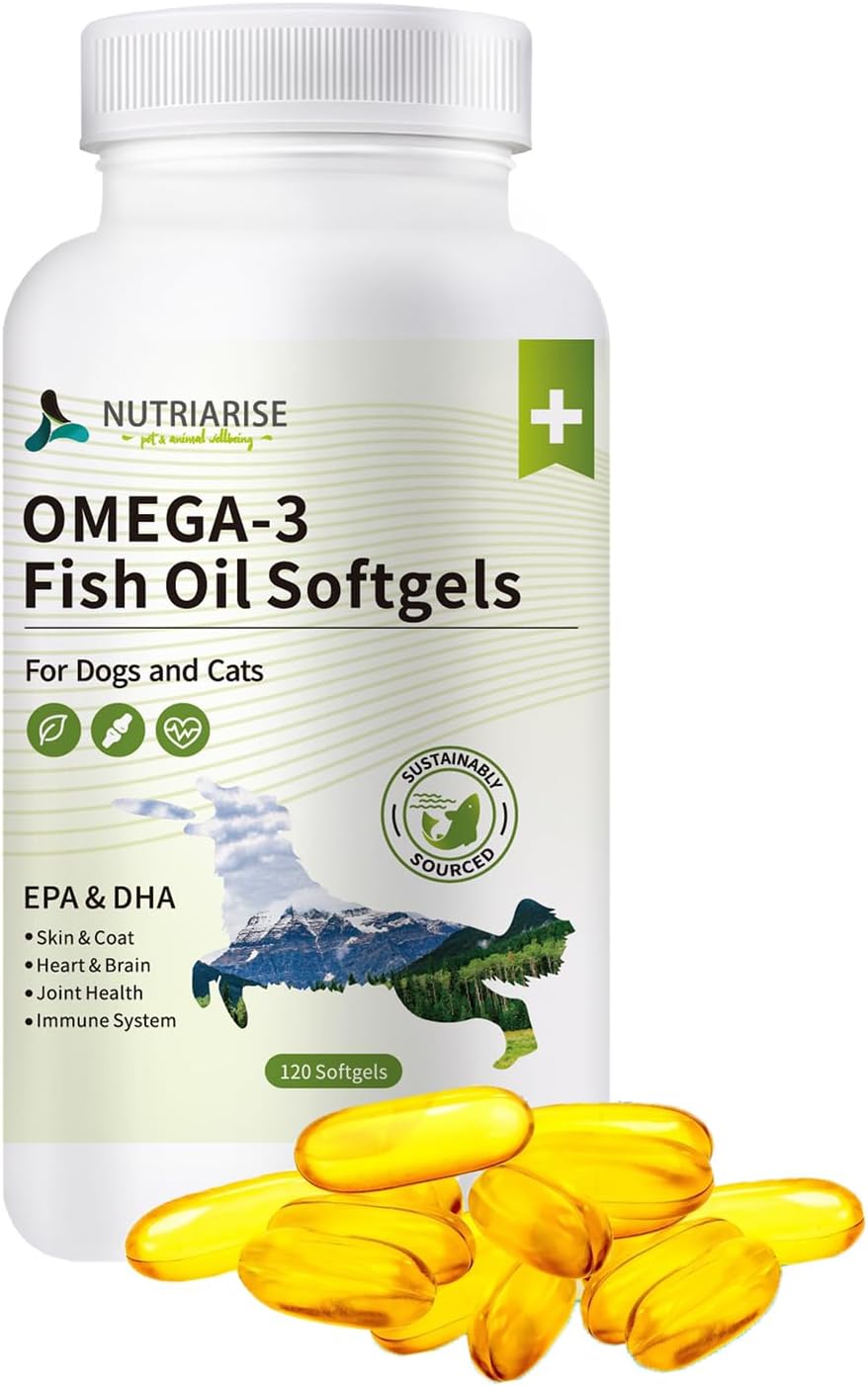 Omega 3 Fish Oil Supplement for Dogs and Cats - Skin and Coat Health - EPA & DHA Fatty Acids - 120 Softgels