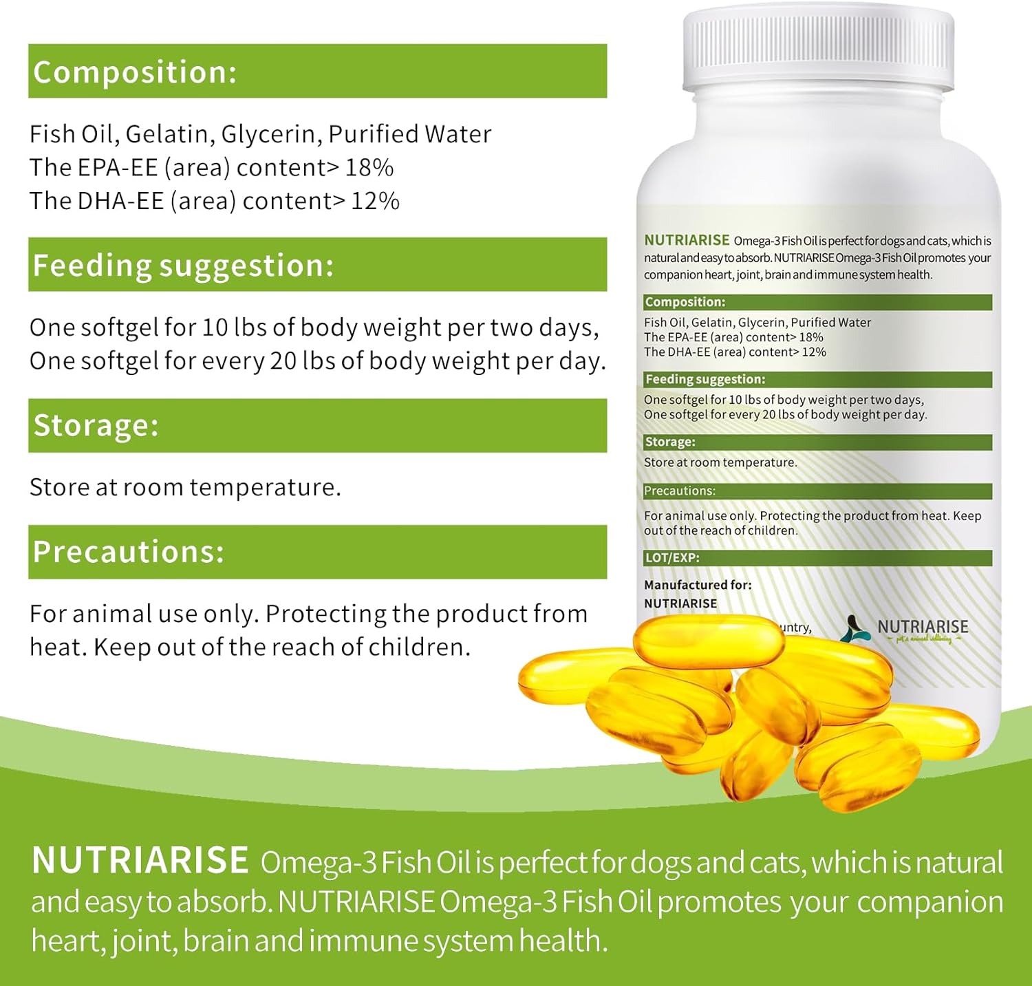 Omega 3 Fish Oil Supplement for Dogs and Cats - Skin and Coat Health - EPA & DHA Fatty Acids - 120 Softgels