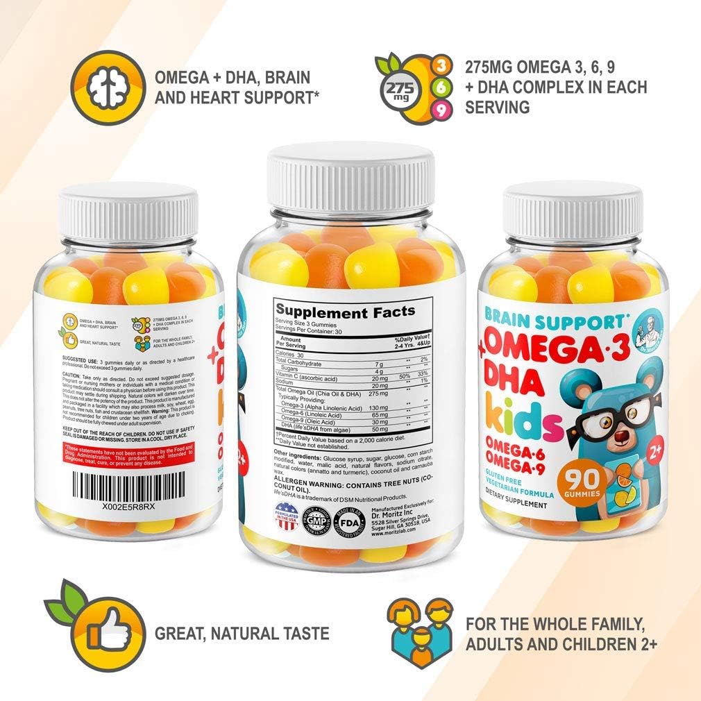 Omega-3 Gummies for Kids with DHA, Omega-6 & Omega-9, Magnesium - Brain, Heart, Vision Support - Gluten-Free, Sugar-Free Immune Health