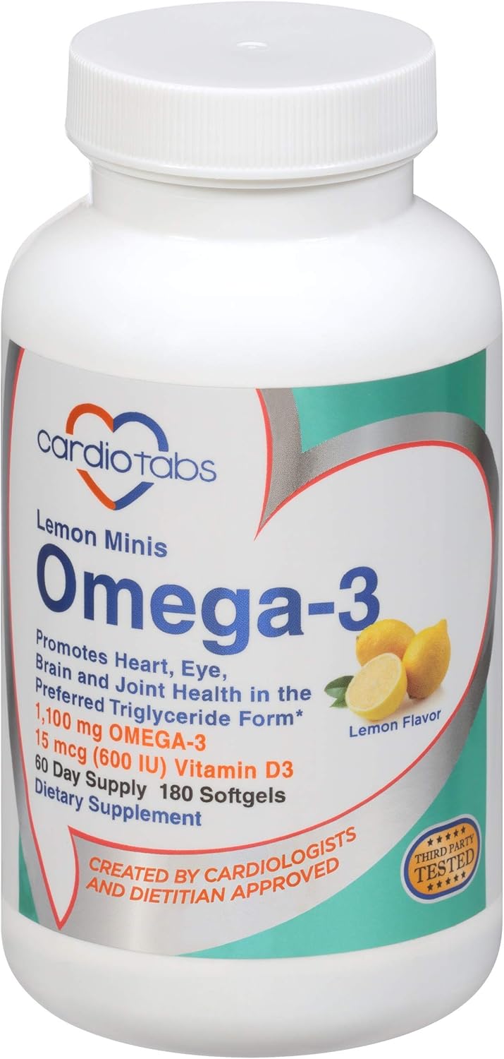 Omega-3 Lemon Minis with Vitamin D3 - 1,100mg Omega-3 in Triglyceride Form, 600 IU Vitamin D3 - 180 Easy-to-Swallow Lemon-Flavored Softgels