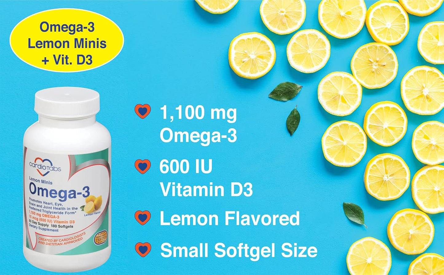 Omega-3 Lemon Minis with Vitamin D3 - 1,100mg Omega-3 in Triglyceride Form, 600 IU Vitamin D3 - 180 Easy-to-Swallow Lemon-Flavored Softgels