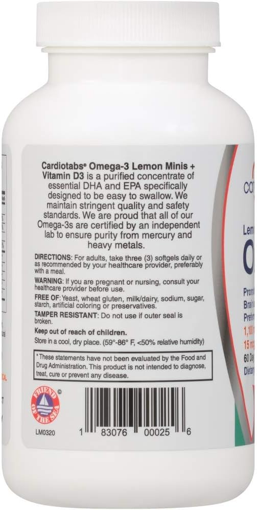 Omega-3 Lemon Minis with Vitamin D3 - 1,100mg Omega-3 in Triglyceride Form, 600 IU Vitamin D3 - 180 Easy-to-Swallow Lemon-Flavored Softgels