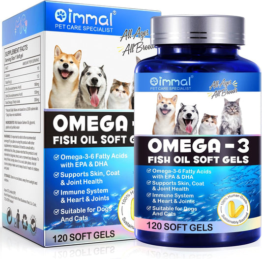 Omega-3 Salmon Oil Soft Gels for Pets (120pcs) - Skin & Coat Health Supplement with EPA & DHA Fatty Acids - Fish Oil Pills for Shedding, Allergy Relief