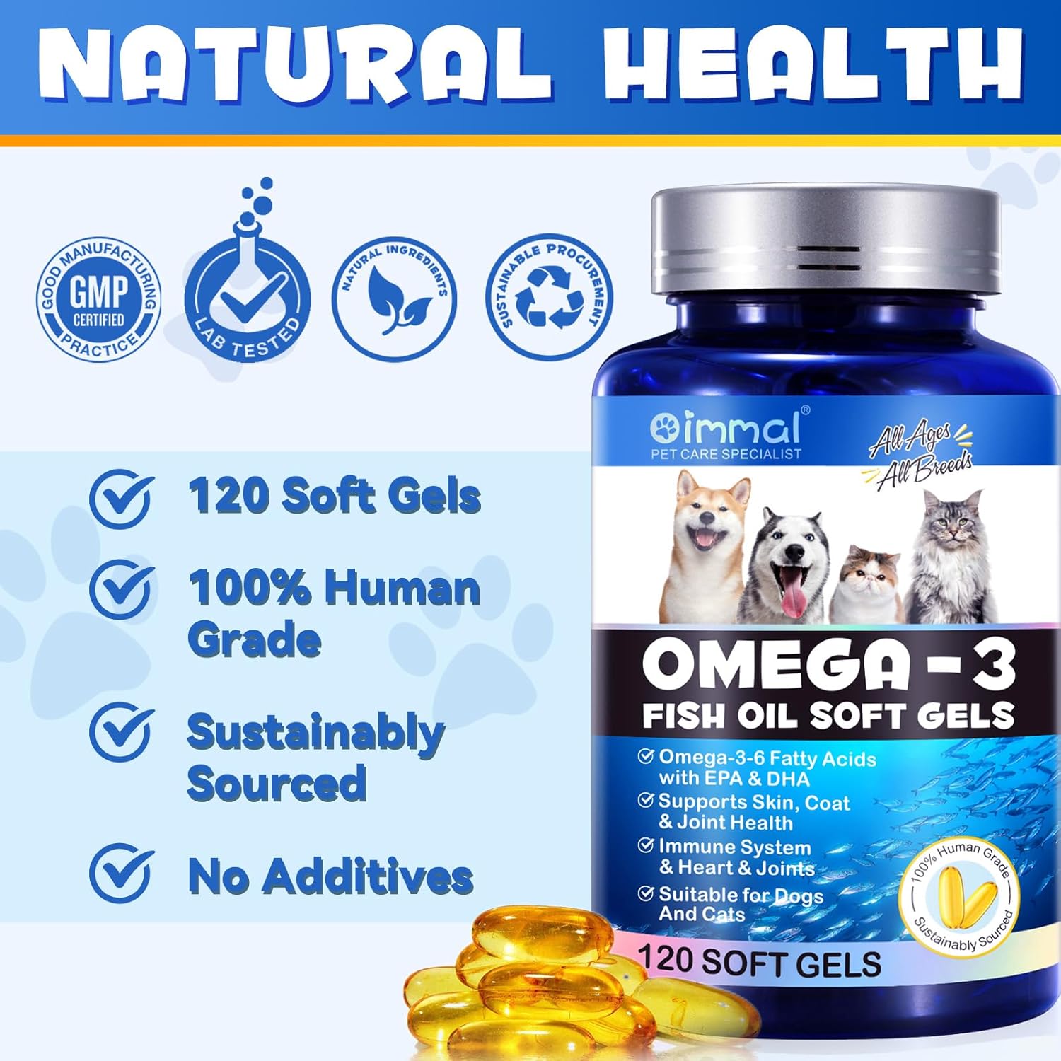 Omega-3 Salmon Oil Soft Gels for Pets (120pcs) - Skin & Coat Health Supplement with EPA & DHA Fatty Acids - Fish Oil Pills for Shedding, Allergy Relief