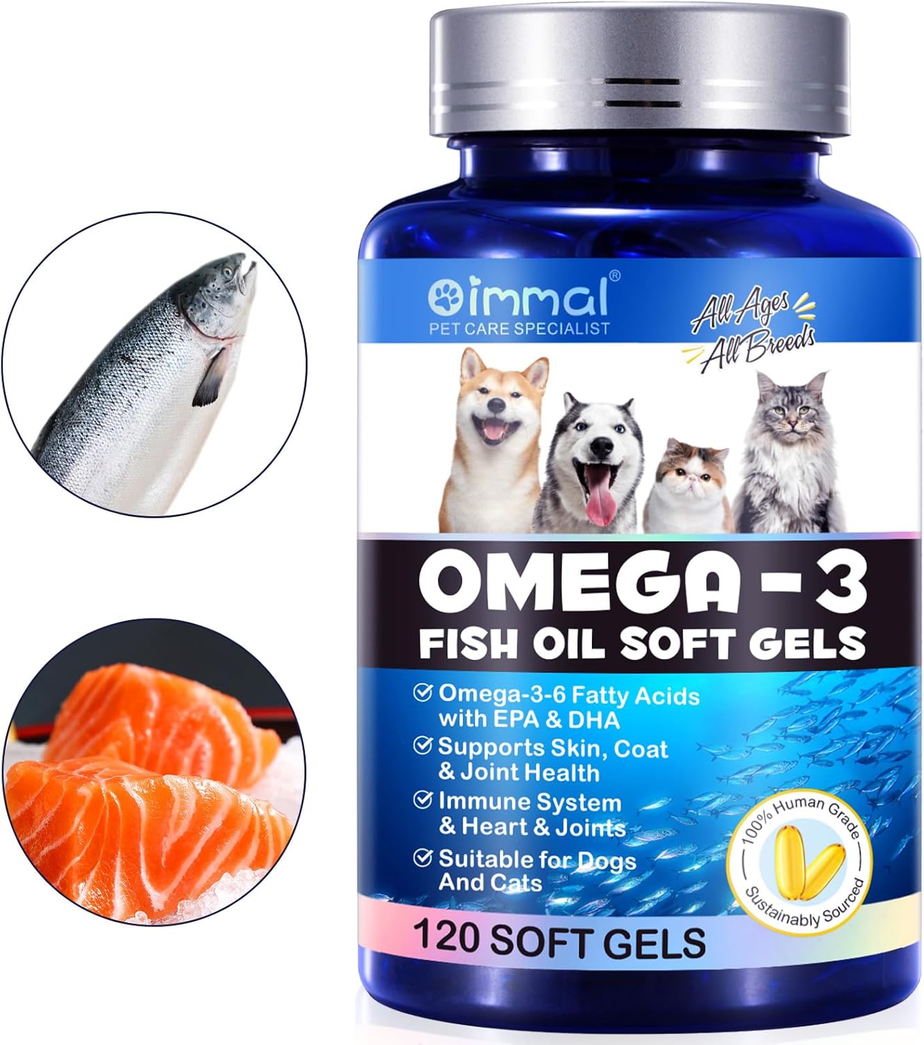 Omega-3 Salmon Oil Soft Gels for Pets (120pcs) - Skin & Coat Health Supplement with EPA & DHA Fatty Acids - Fish Oil Pills for Shedding, Allergy Relief