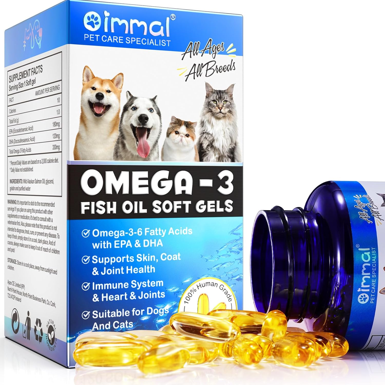 Omega-3 Salmon Oil Soft Gels for Pets (120pcs) - Skin & Coat Health Supplement with EPA & DHA Fatty Acids - Fish Oil Pills for Shedding, Allergy Relief