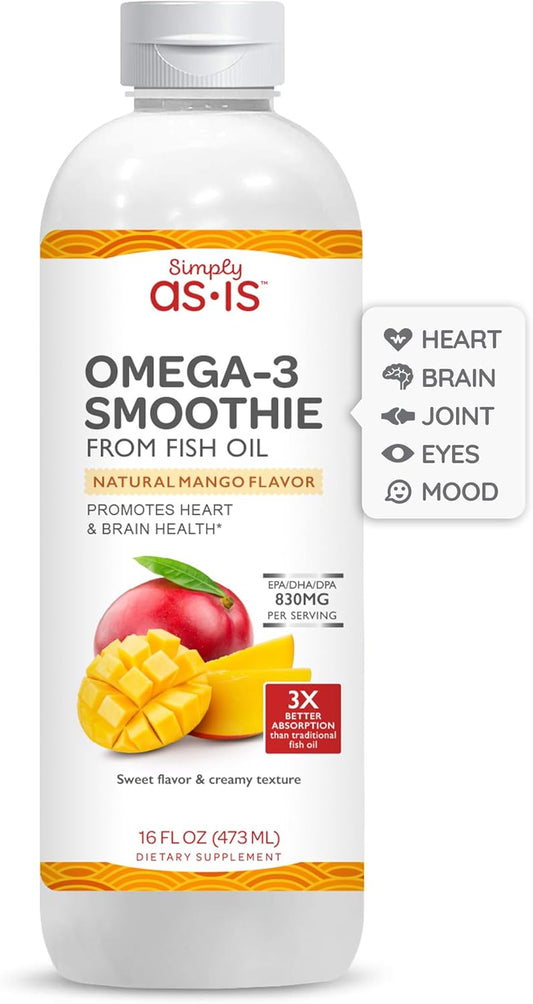 Omega-3 Smoothie from Fish Oil - 16 fl oz (31 Servings) - Heart & Brain Health - Mango Flavor - Dairy & Sugar Free