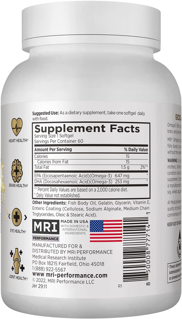 Omega 3 Soft Gels 900mg 60ct | EPA/DHA, Boosts Endurance, Heart & Brain Health