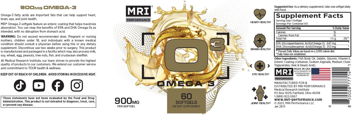 Omega 3 Soft Gels 900mg 60ct | EPA/DHA, Boosts Endurance, Heart & Brain Health