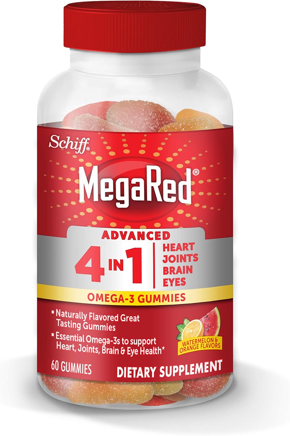 Omega-3 Watermelon & Orange Gummies for Heart, Joints, Brain & Eye Health, 60 Count Bottle with EPA, DHA, Fish Oil