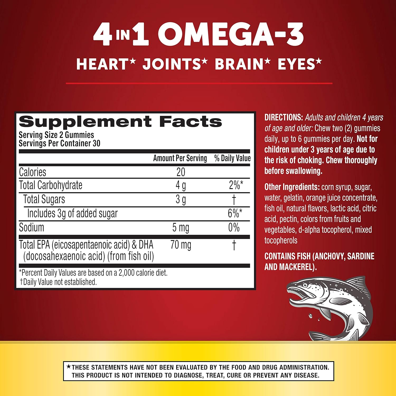 Omega-3 Watermelon & Orange Gummies for Heart, Joints, Brain & Eye Health, 60 Count Bottle with EPA, DHA, Fish Oil
