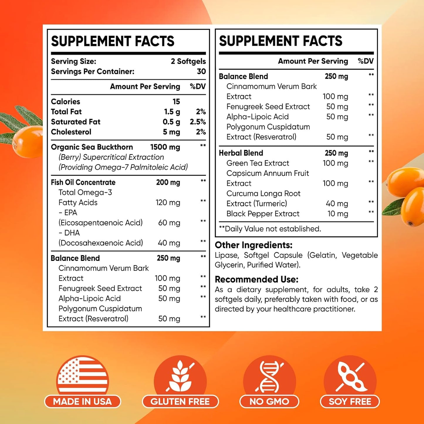 Omega-7 Sea Buckthorn Oil with Fish Oil, Cinnamomum, Fenugreek, Green Tea - Non-GMO, Gluten-Free (2 Pack) - BoostGo Australia