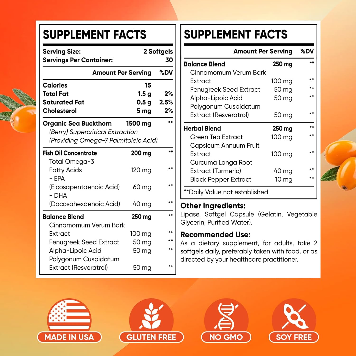 Omega-7 Sea Buckthorn Oil with Fish Oil, Cinnamomum, Fenugreek, Green Tea - Non-GMO, Gluten-Free (2 Pack) - BoostGo Australia