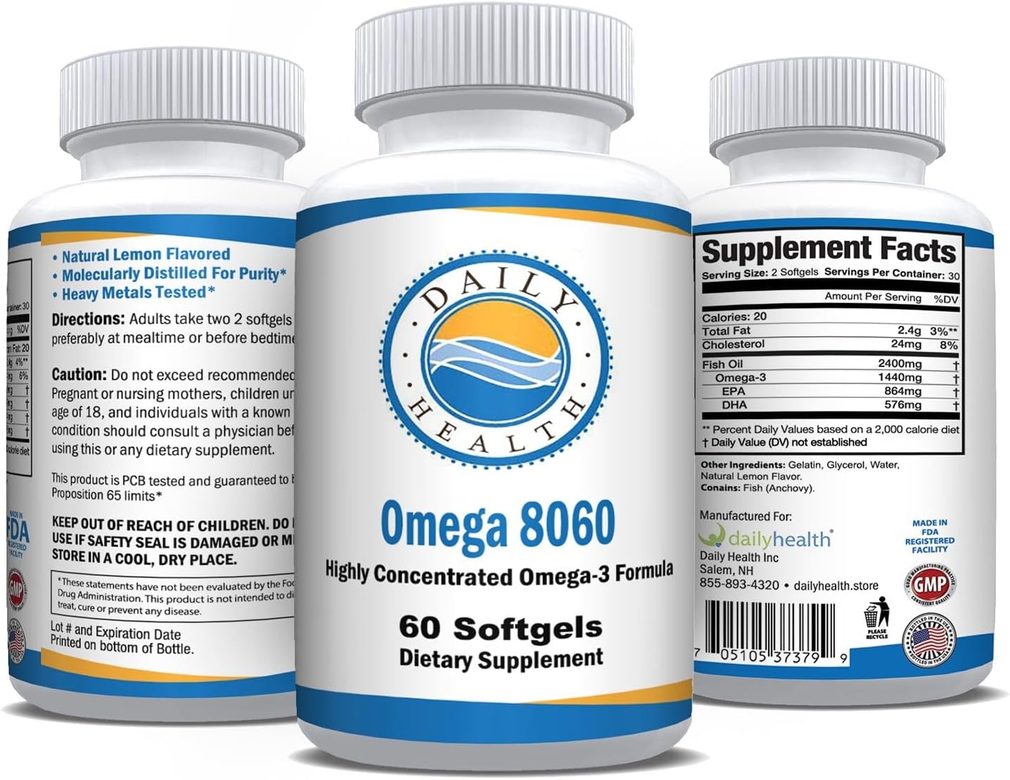 Omega 8060 Fish Oil Joint Health Supplement - 60 Softgels, 2400mg, 3 Month Supply - Pack of 3
