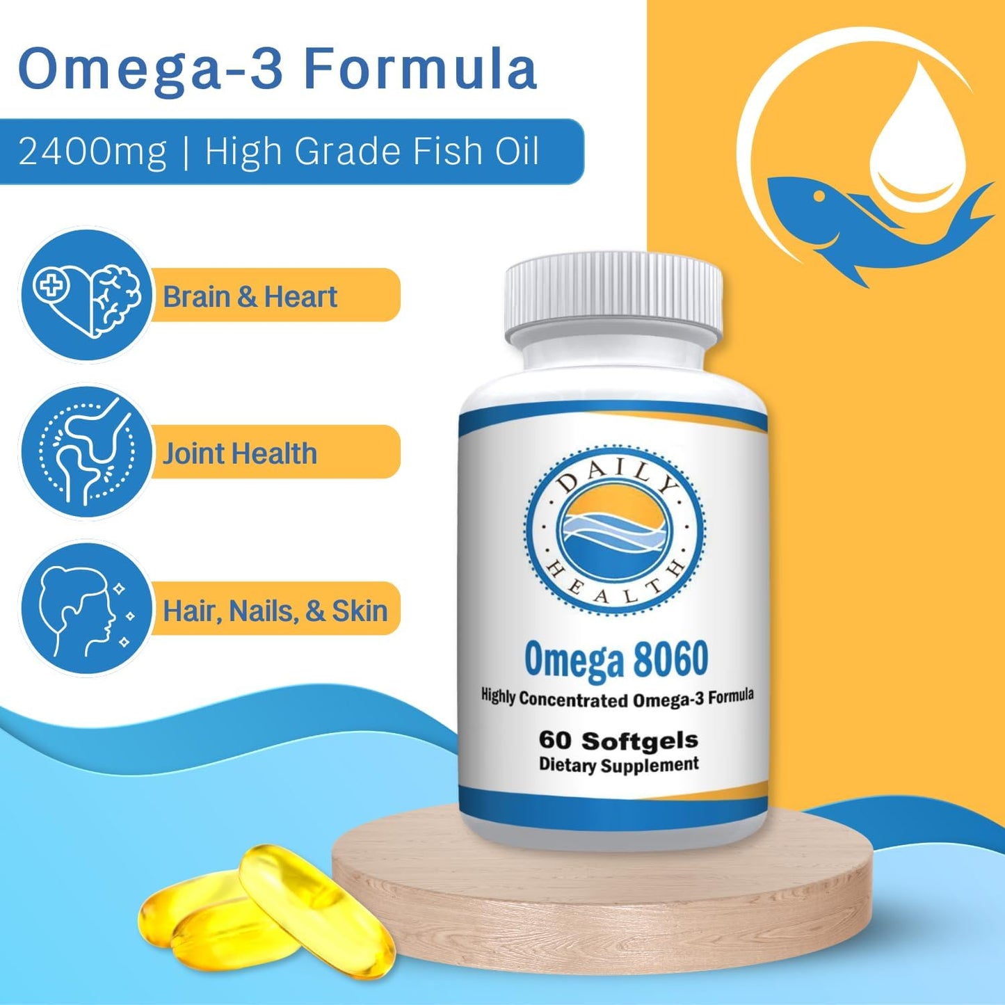 Omega 8060 Fish Oil Supplement for Joint Health - 2400mg, 60 Softgels, 6 Month Supply