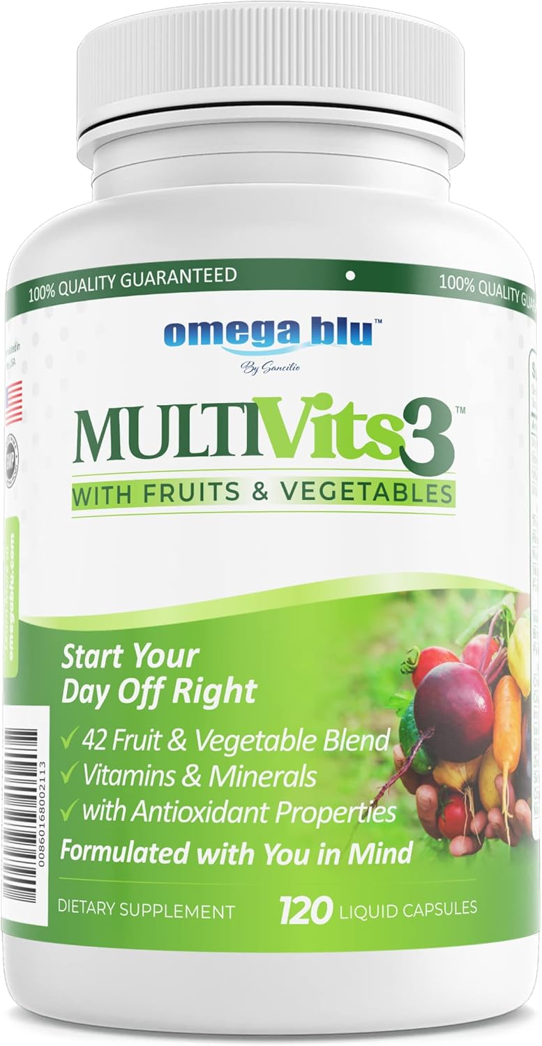 OMEGA BLU Multi Vits 3 Multivitamin with 70+ Ingredients for Heart, Brain, Energy, Vision - CoQ10, Ginseng, Vitamins, Minerals - 60 Servings