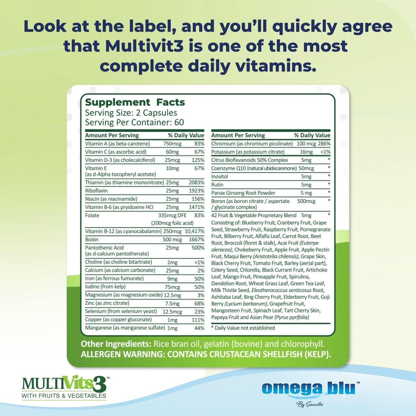 OMEGA BLU Multi Vits 3 Multivitamin with 70+ Ingredients for Heart, Brain, Energy, Vision - CoQ10, Ginseng, Vitamins, Minerals - 60 Servings