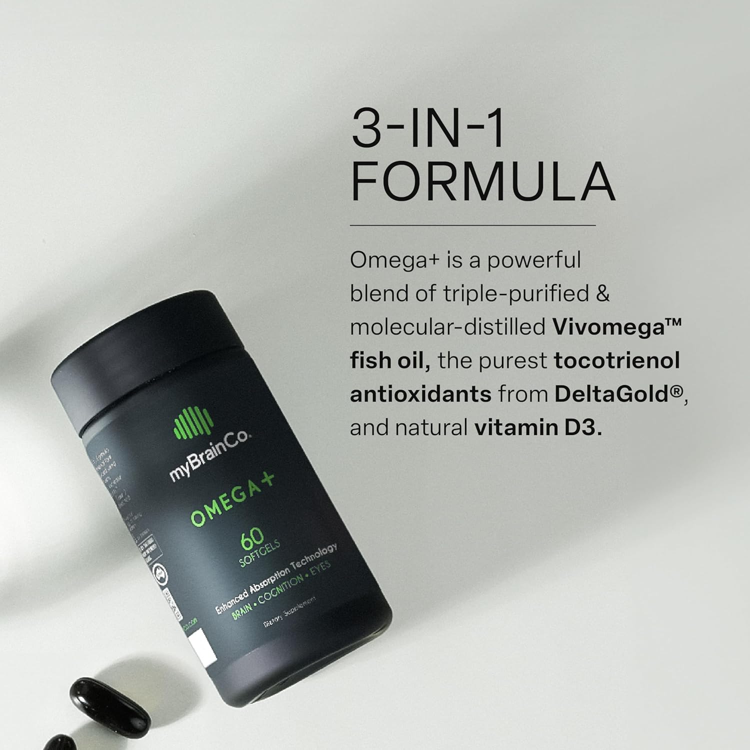 Omega+ Brain Health Supplement with EPA DHA Omega 3, Tocotrienols Vitamin E - Supports Cognitive Function, Mood, Eye Health & Immunity (60 Softgels)