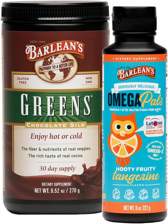 Omega Pals Hooty Fruity Tangerine Fish Oil & Chocolate Silk Greens Powder Bundle for Healthy Kids