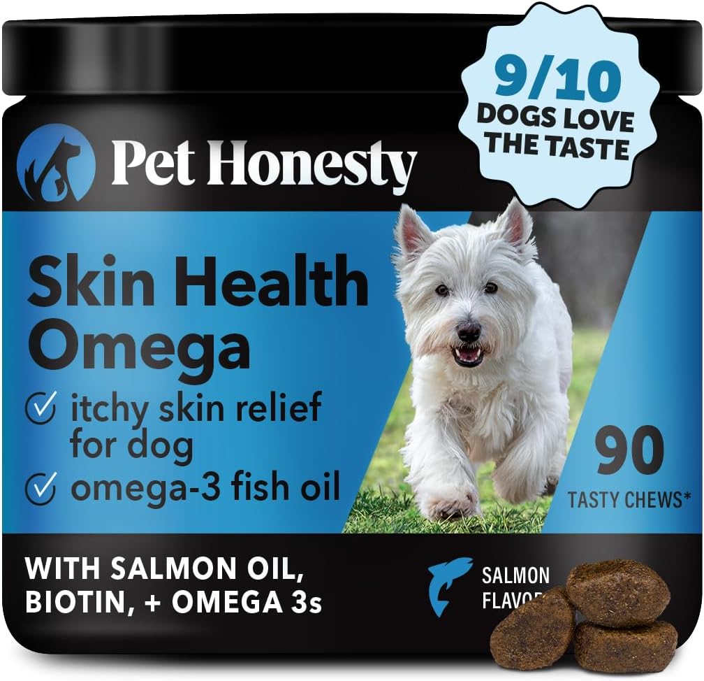 Omega Skin Health Chews for Dogs with Alaskan Salmon Oil, Fish Oil, Krill & Spirulina - Supports Healthy Coat, Itchy Skin, Allergies, and Shedding - 90 Count