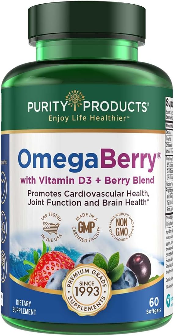 OmegaBerry Fish Oil with Vitamin D3, Organic Acai, 1250mg Concentrated Ultra Pure Omega-3, 60 Soft Gels