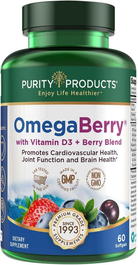 OmegaBerry Fish Oil with Vitamin D3, Organic Acai, 1250mg Concentrated Ultra Pure Omega-3, 60 Soft Gels
