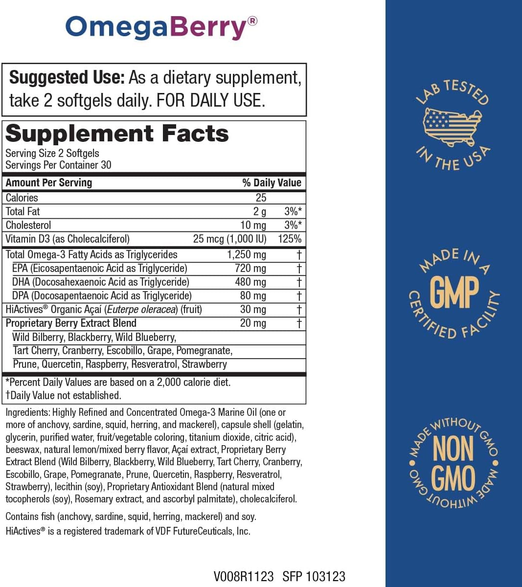 OmegaBerry Fish Oil with Vitamin D3, Organic Acai, 1250mg Concentrated Ultra Pure Omega-3, 60 Soft Gels