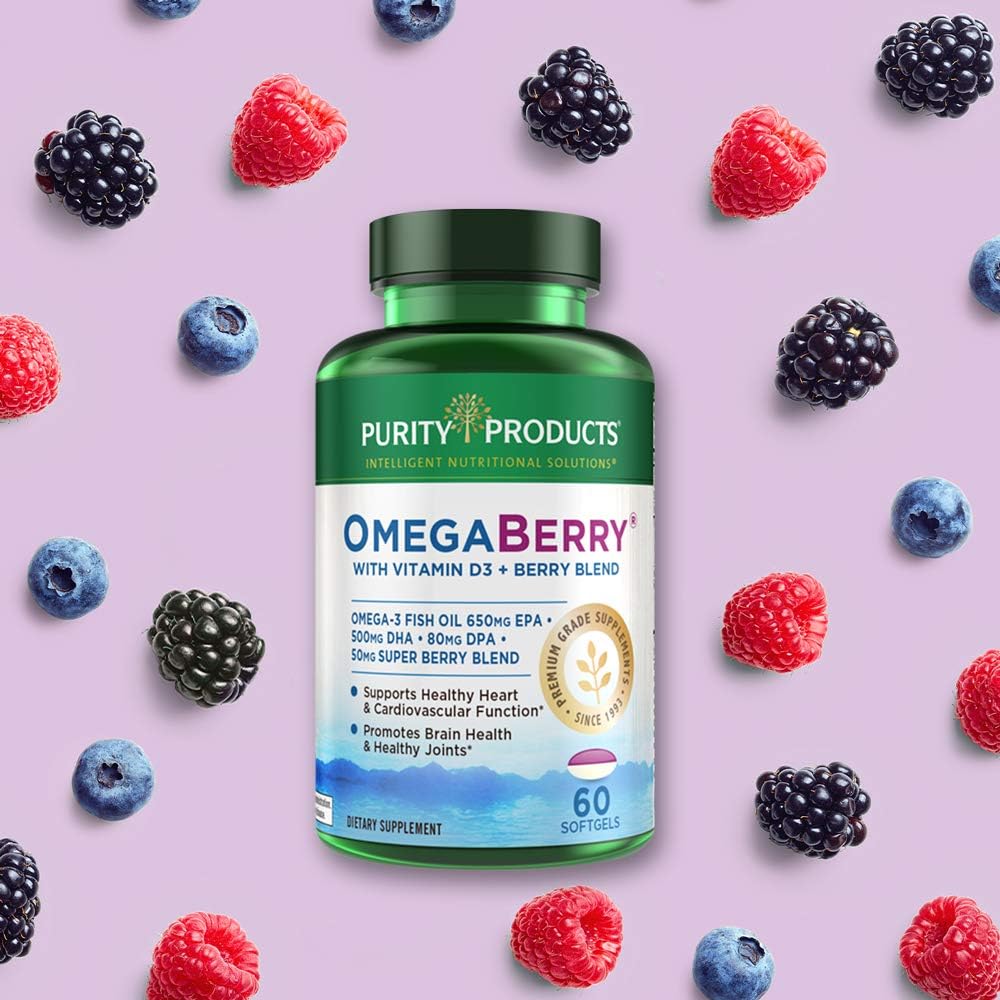 OmegaBerry Fish Oil with Vitamin D3, Organic Acai, 1250mg Concentrated Ultra Pure Omega-3, 60 Soft Gels