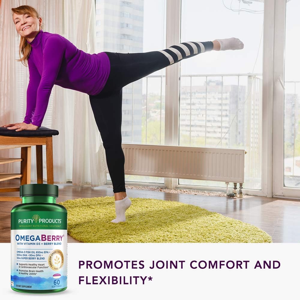 OmegaBerry Fish Oil with Vitamin D3, Organic Acai, 1250mg Concentrated Ultra Pure Omega-3, 60 Soft Gels