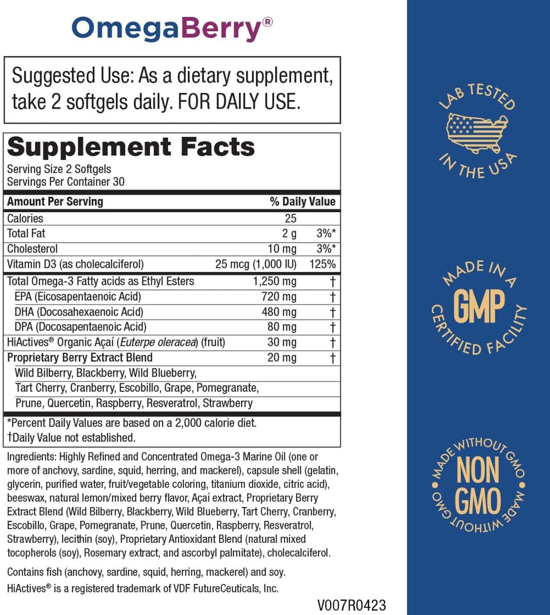 OmegaBerry Women's Multi + Fish Oil: Supports Urinary Tract Health, Immune System, Bone Health, Hair, Skin, Nails, 1250mg Omega-3, Vitamin D3 + More