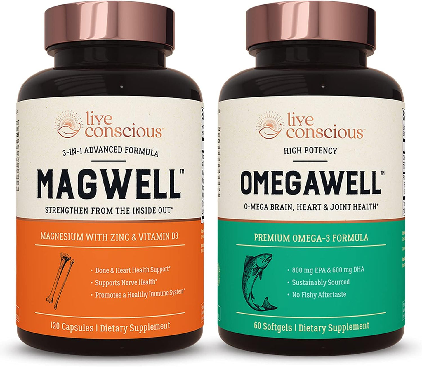 OmegaWell Fish Oil & MagWell Magnesium Zinc + Vitamin D3 Supplement for Bone, Heart, and Immune Health - Heart, Brain, and Joint Support