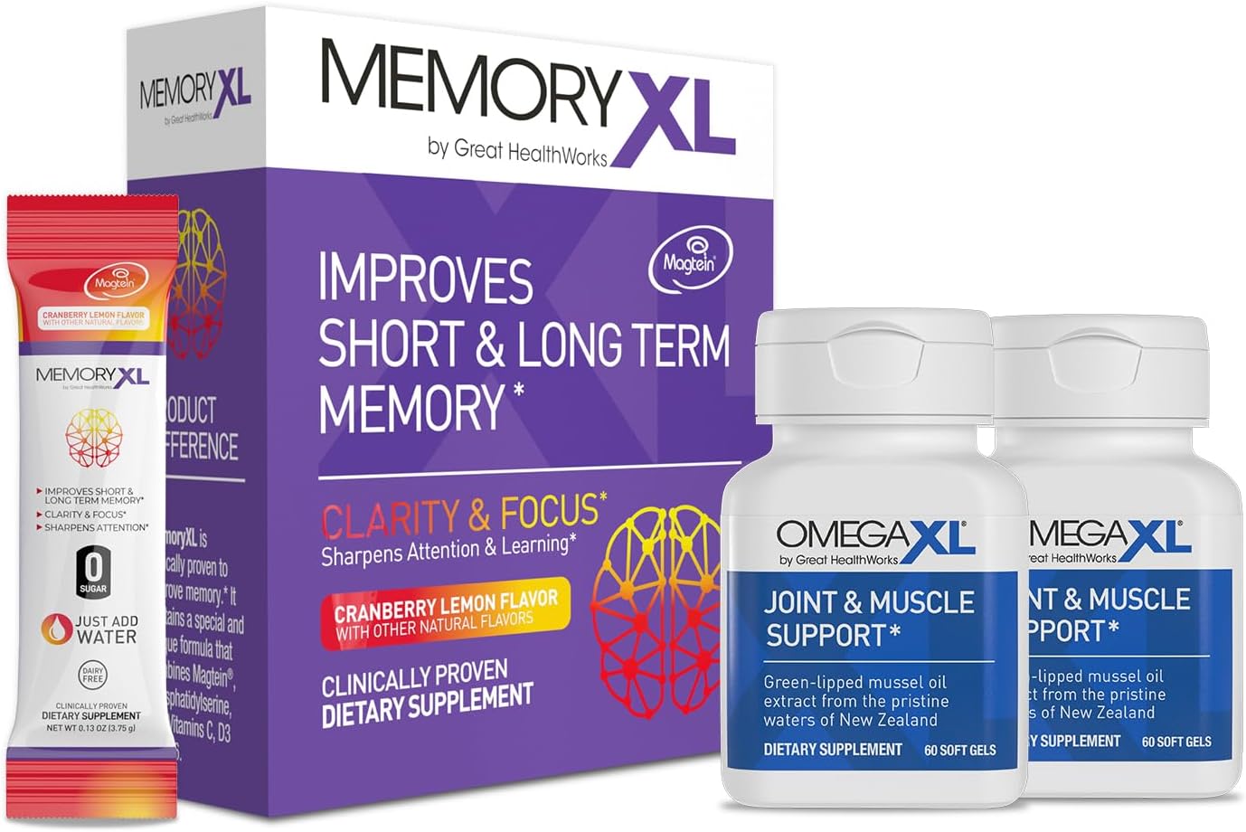 OmegaXL Joint and Muscle Support Supplement with Green Lipped Mussel Oil - 2 Pack of 60 Ct for Pain Relief. MemoryXL Brain Supplement with Magnesium L-Threonate for Memory & Focus - 30 Pack of Cranberry Lemon Flavor