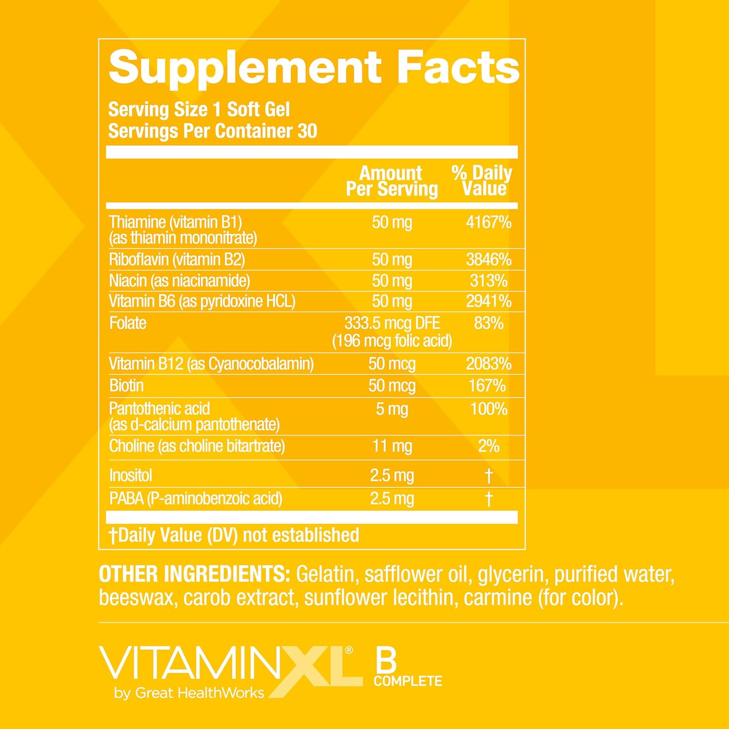 OmegaXL VitaminXL B Complete: Full Spectrum B Complex with B1, B5, B6, B12, Biotin, Niacin, Riboflavin, Folate, Choline, and Inositol - 30 Soft Gels