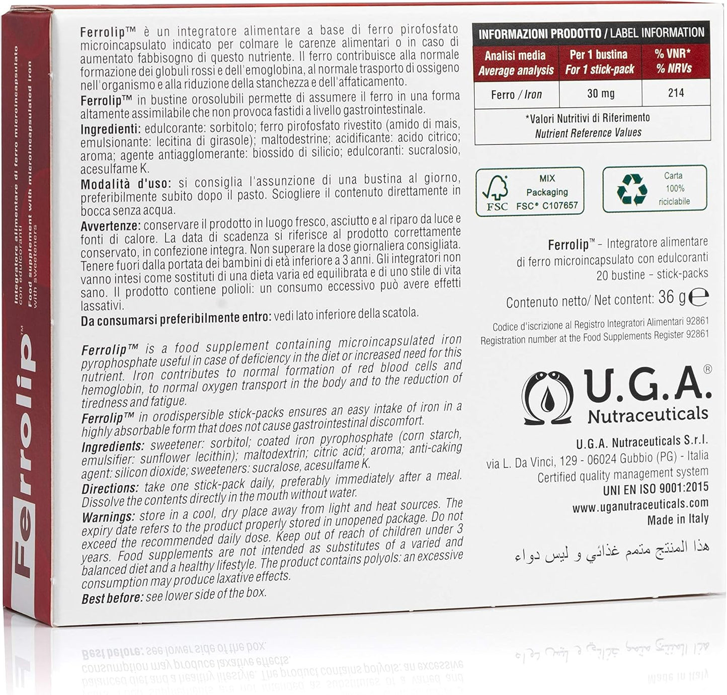 OMEGOR Ferrolip™ Iron Supplement 20 Single-Dose Sachets - Lemon Flavor, Dissolves in Mouth, Vegan-Friendly