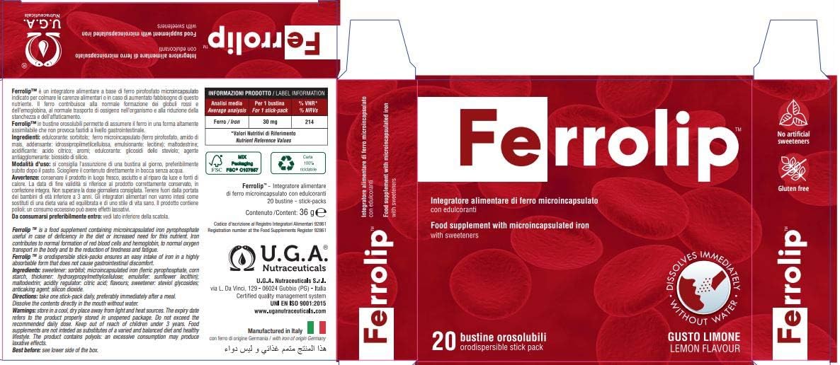 OMEGOR Ferrolip™ Iron Supplement 20 Single-Dose Sachets - Lemon Flavor, Dissolves in Mouth, Vegan-Friendly