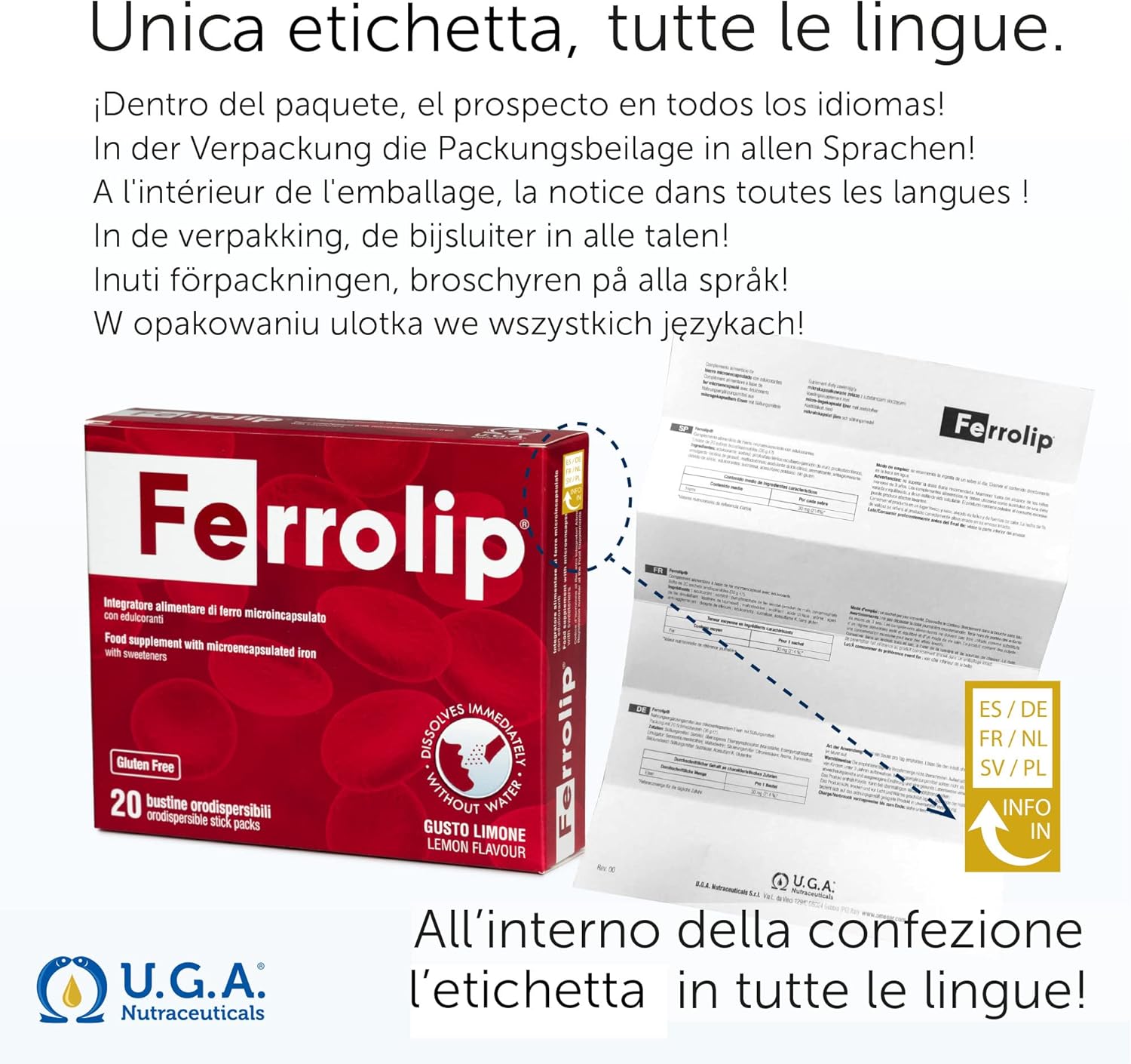 OMEGOR Ferrolip™ Iron Supplement 20 Single-Dose Sachets - Lemon Flavor, Dissolves in Mouth, Vegan-Friendly