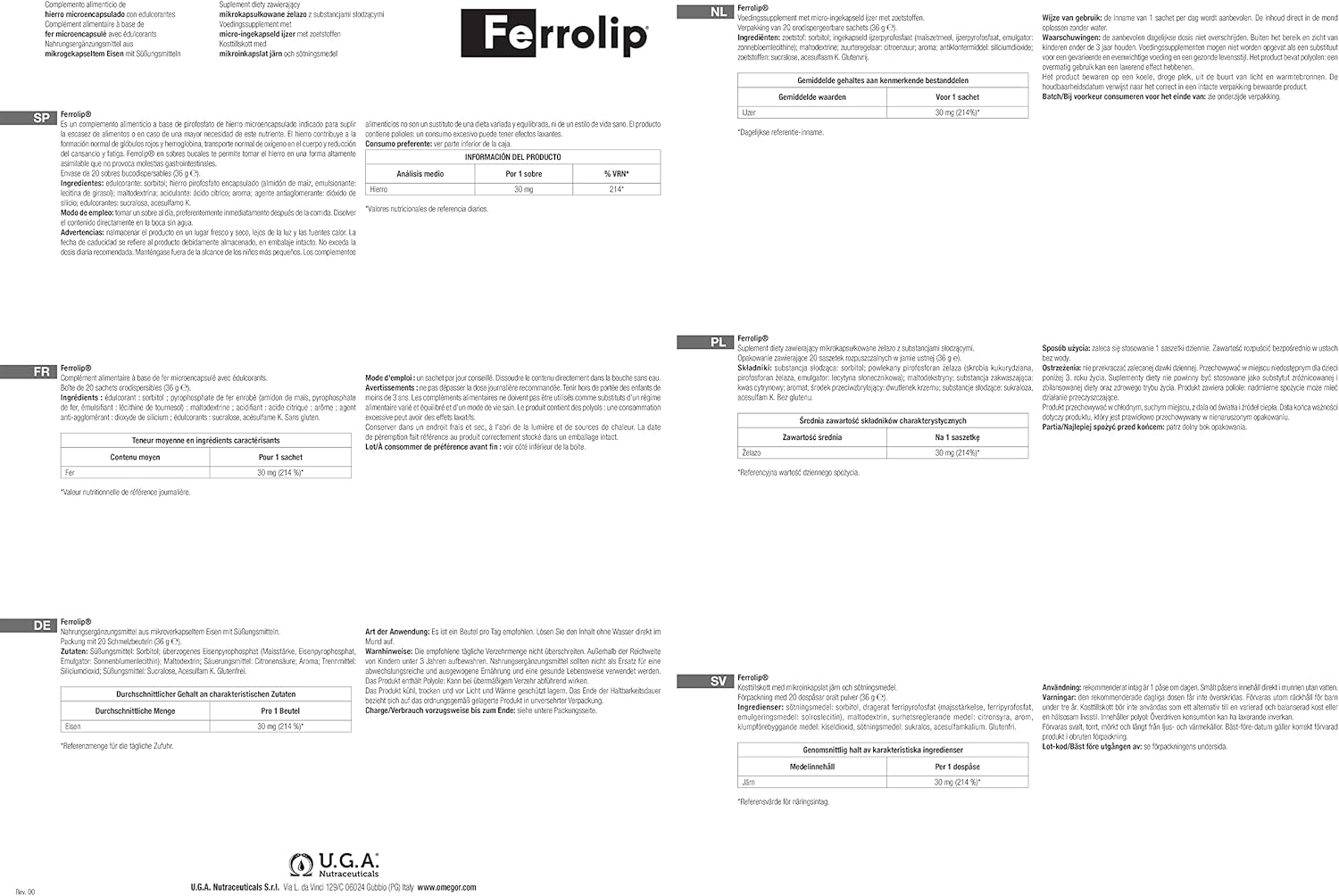 OMEGOR Ferrolip™ Iron Supplement 20 Single-Dose Sachets - Lemon Flavor, Dissolves in Mouth, Vegan-Friendly