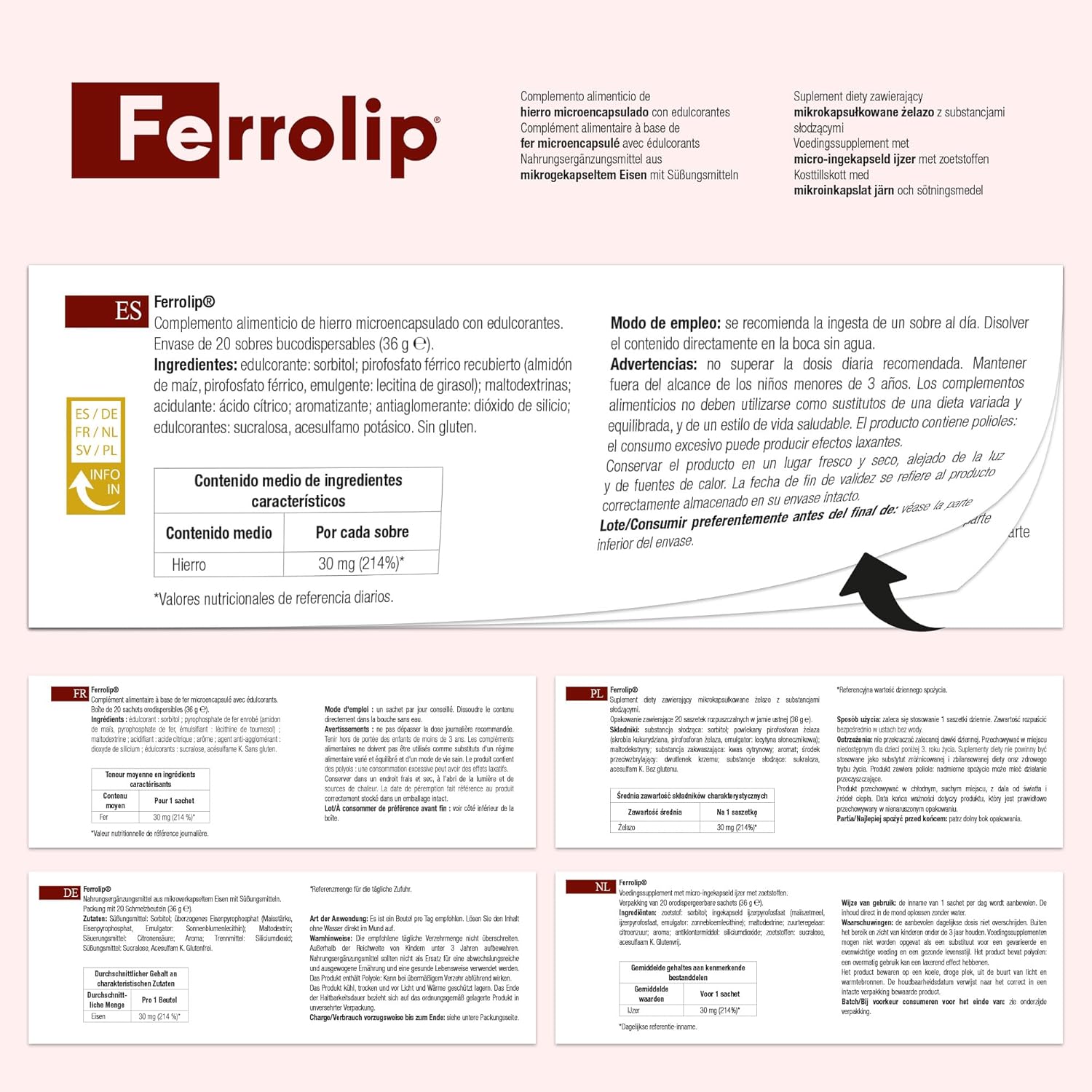 OMEGOR Ferrolip™ Iron Supplement 20 Single-Dose Sachets - Lemon Flavor, Dissolves in Mouth, Vegan-Friendly