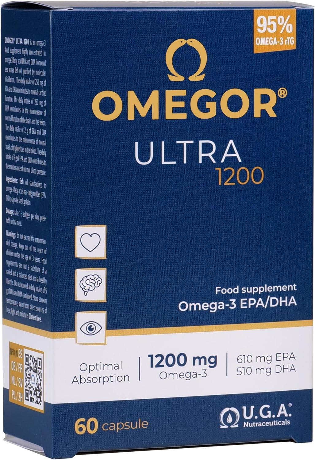OMEGOR Ultra 1200: High Strength Omega-3 Capsules with 1120mg EPA and DHA, rTG Form for Maximum Absorption, No Aftertaste, 5-Star IFOS Certified - 60 Capsules