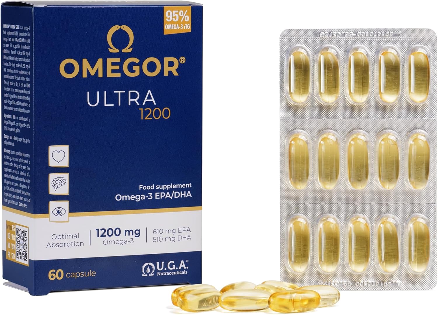 OMEGOR Ultra 1200: High Strength Omega-3 Capsules with 1120mg EPA and DHA, rTG Form for Maximum Absorption, No Aftertaste, 5-Star IFOS Certified - 60 Capsules