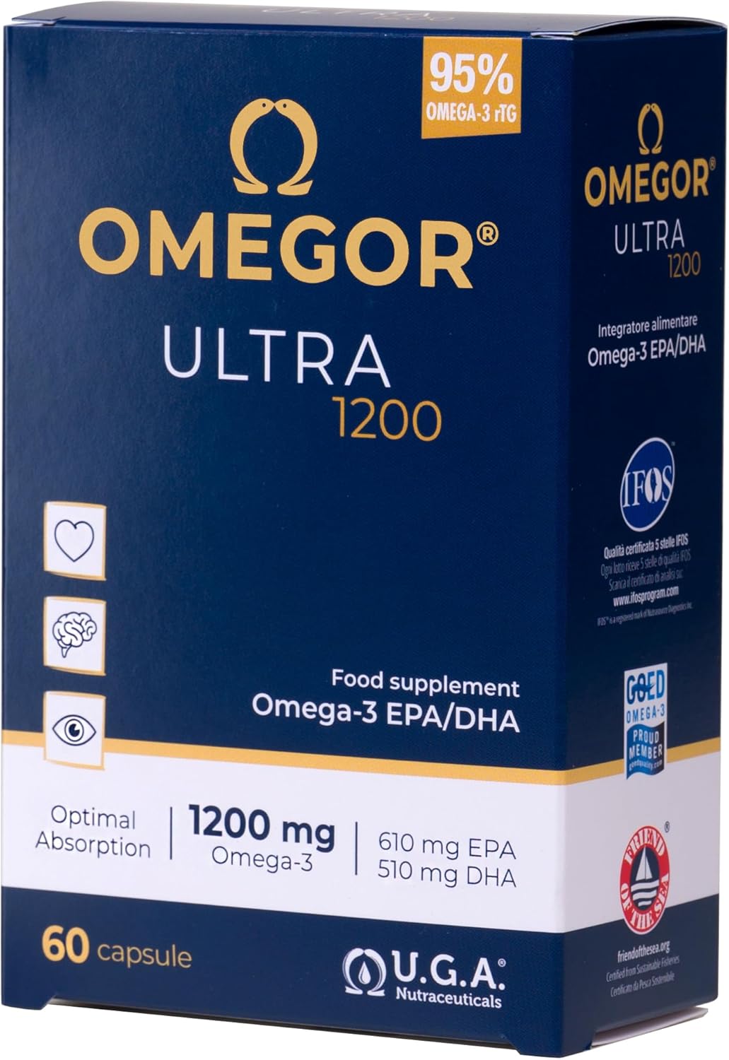 OMEGOR Ultra 1200: High Strength Omega-3 Capsules with 1120mg EPA and DHA, rTG Form for Maximum Absorption, No Aftertaste, 5-Star IFOS Certified - 60 Capsules