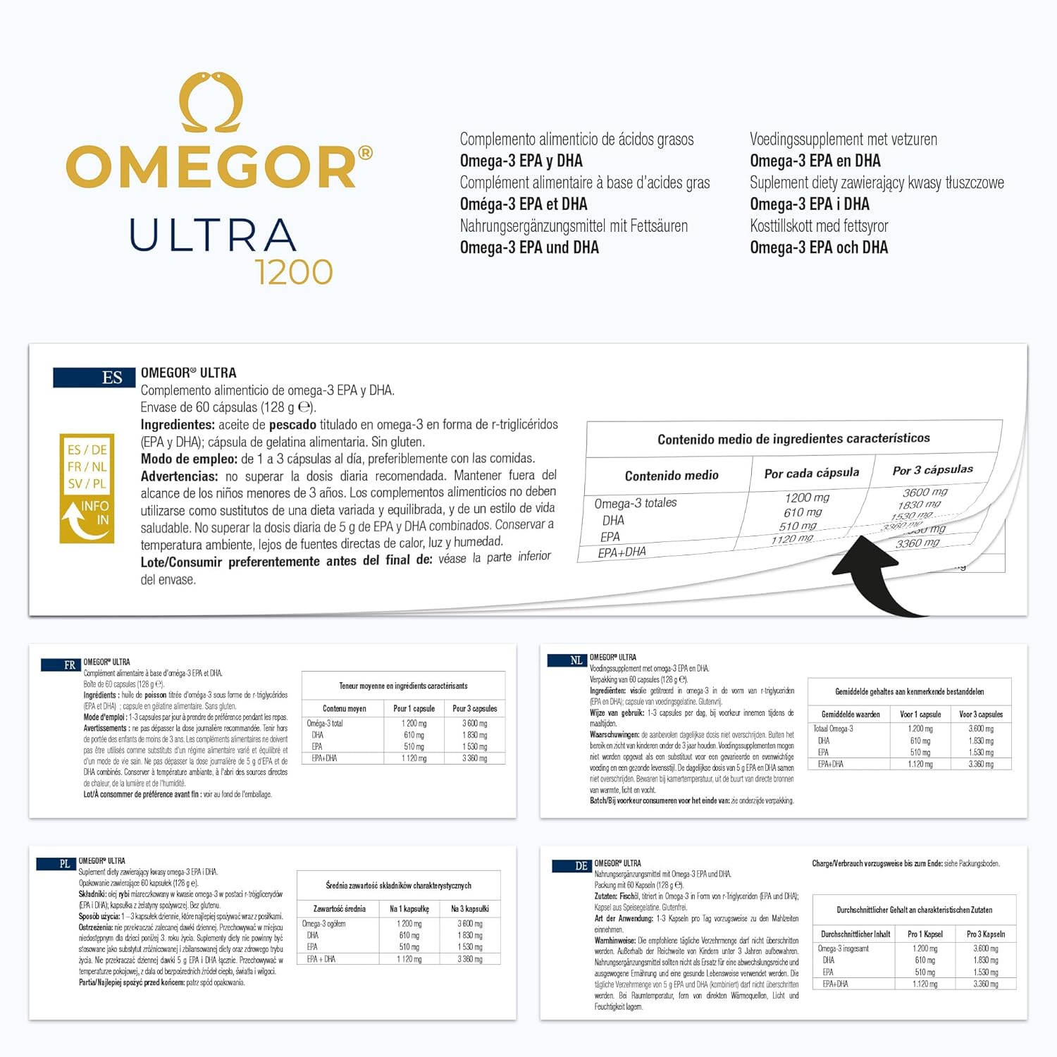 OMEGOR Ultra 1200: High Strength Omega-3 Capsules with 1120mg EPA and DHA, rTG Form for Maximum Absorption, No Aftertaste, 5-Star IFOS Certified - 60 Capsules