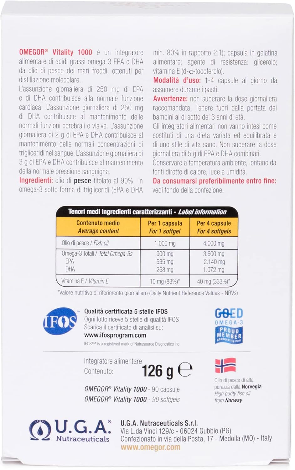 OMEGOR® Vitality 1000: High Omega-3 TG, IFOS 5-Star Certified, EPA 535mg, DHA 268mg, 90% Triglyceride Structure - 60 Capsules