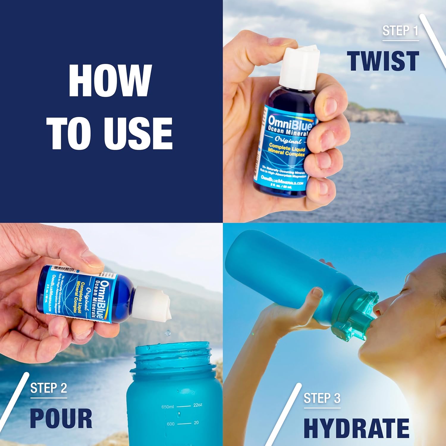 OmniBlue Ocean Minerals Liquid Magnesium (420mg) & 70+ Trace Minerals - Natural Remineralization for Muscle Wellness, Deep Sleep, Smooth Digestion, Heart Function - 2oz Bottle