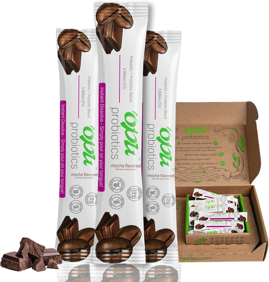 One Month Supply Opu Probiotics Mocha Instant-Dissolve - 5 Billion CFU's for Men, Women & Children - Prebiotics for Digestive & Immune Support - Sugar Free, Gluten Free, Non GMO