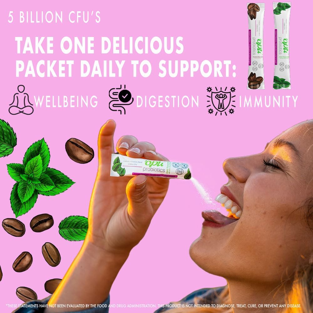 One Month Supply Opu Probiotics Mocha Instant-Dissolve - 5 Billion CFU's for Men, Women & Children - Prebiotics for Digestive & Immune Support - Sugar Free, Gluten Free, Non GMO