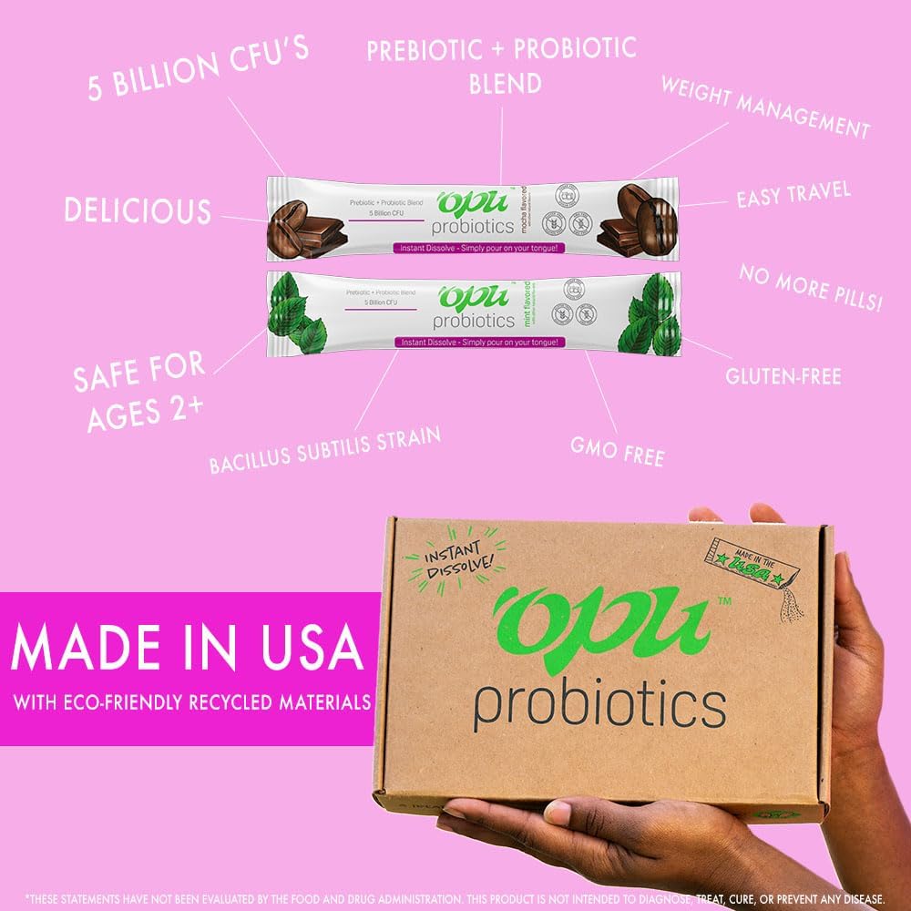 One Month Supply Opu Probiotics Mocha Instant-Dissolve - 5 Billion CFU's for Men, Women & Children - Prebiotics for Digestive & Immune Support - Sugar Free, Gluten Free, Non GMO