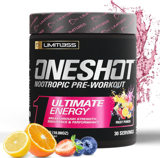 OneShot LIMITLESS Pre Workout Powder with BCAAs, Caffeine, Beta Alanine, Citrulline Malate - Fruit Punch - 30 Servings