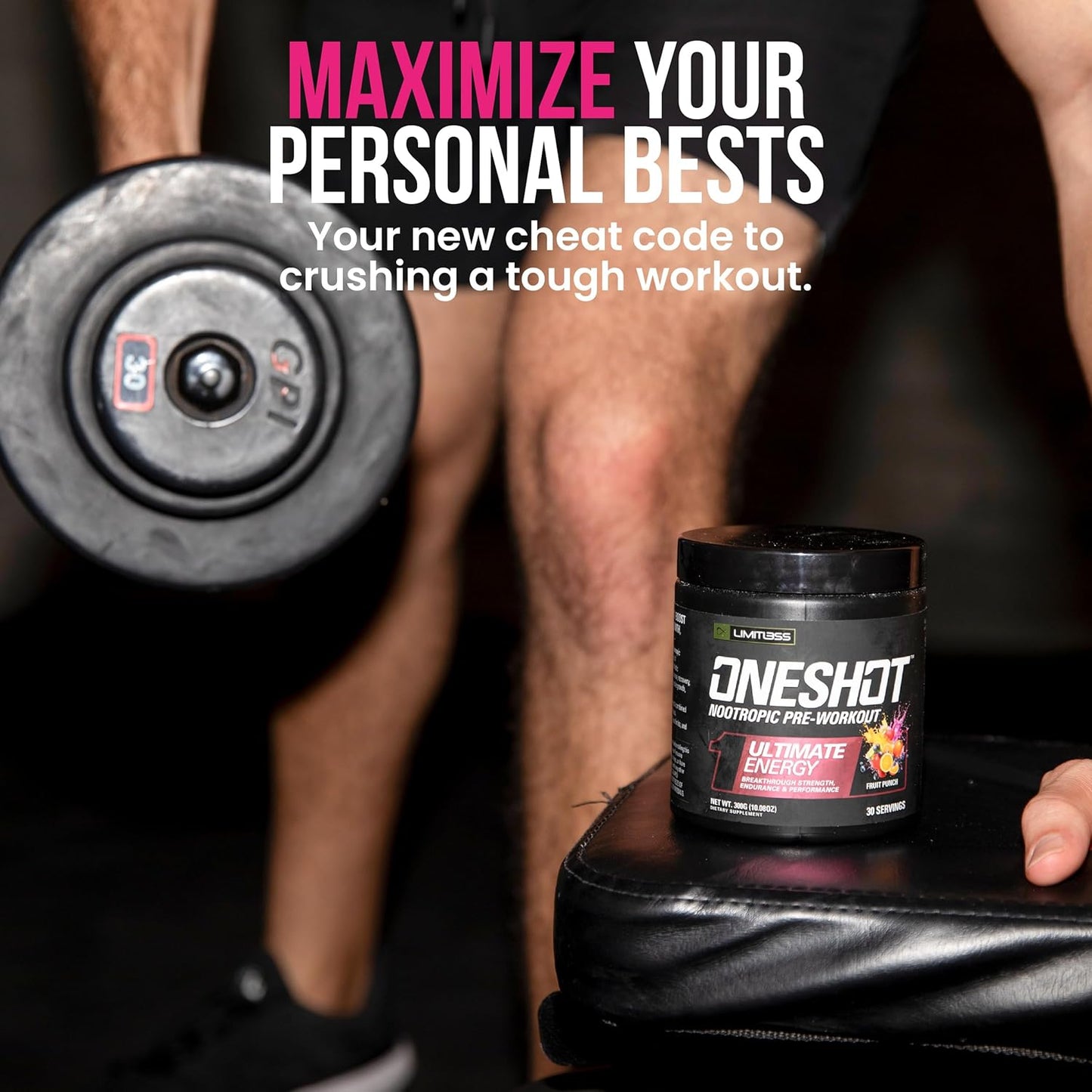 OneShot LIMITLESS Pre Workout Powder with BCAAs, Caffeine, Beta Alanine, Citrulline Malate - Fruit Punch - 30 Servings